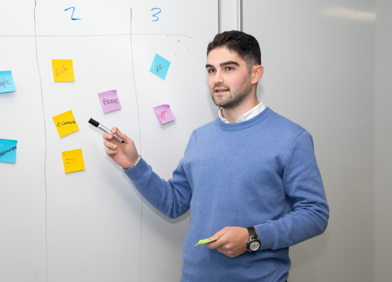 Workshop discussion at a whiteboard with notes and ideas
